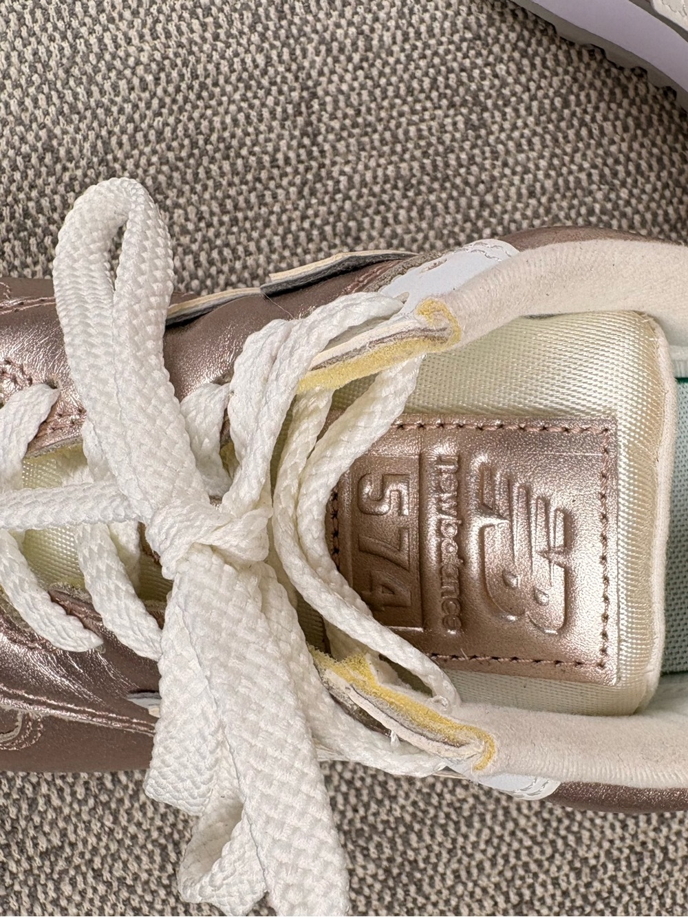 New Balance 574 Rose Gold and Cream Metallic Sneakers - Picture 9 of 10